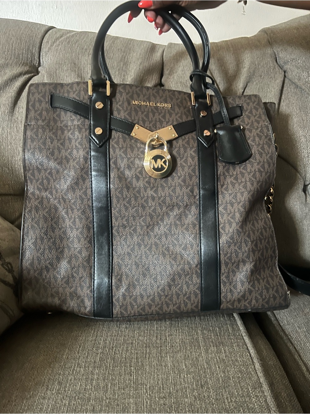 Michael Kors Brown & Black Logo Satchel with Gold Hardware